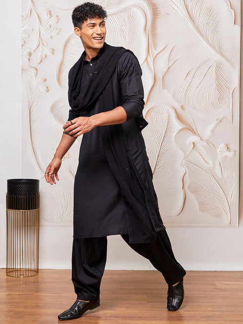 Men's Black Viscose Kurta,Patiala And Dupatta Set.